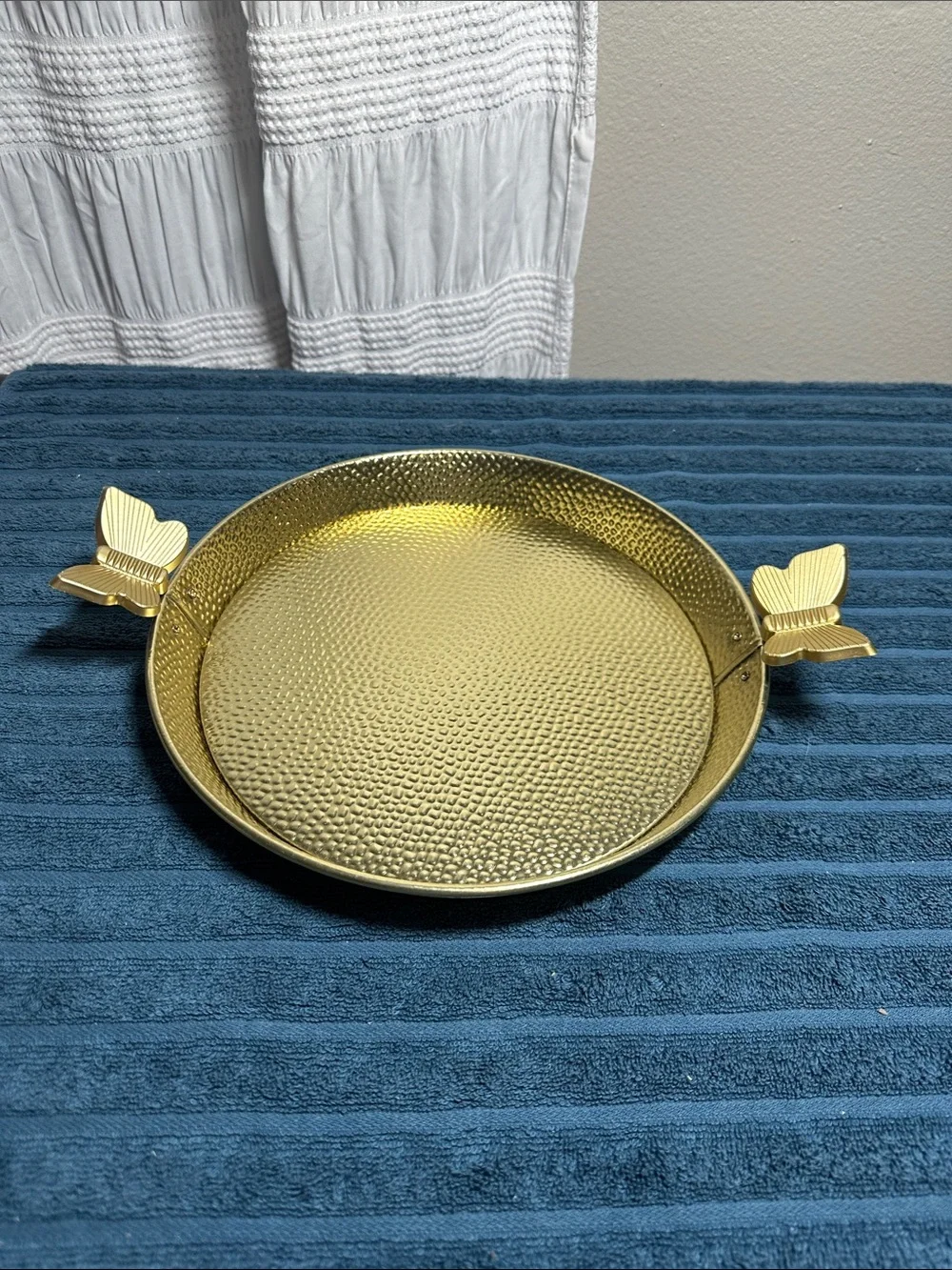 Gold Hammered Metal Serving Tray with Butterfly Handles NWT